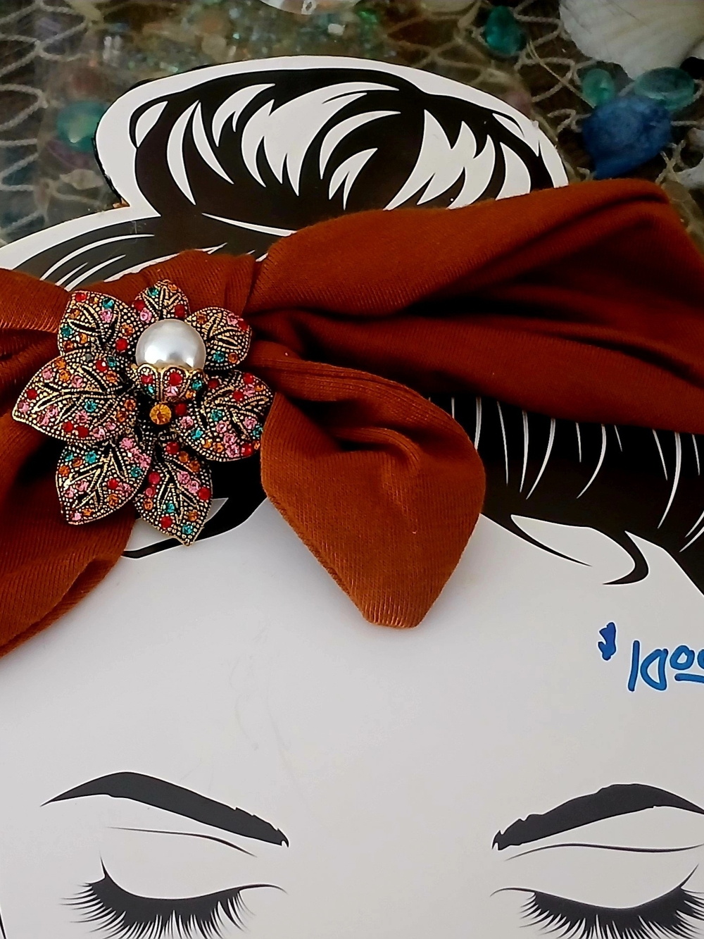 Rust Brown Floral Bow Headband with Embellished Jewel Accent